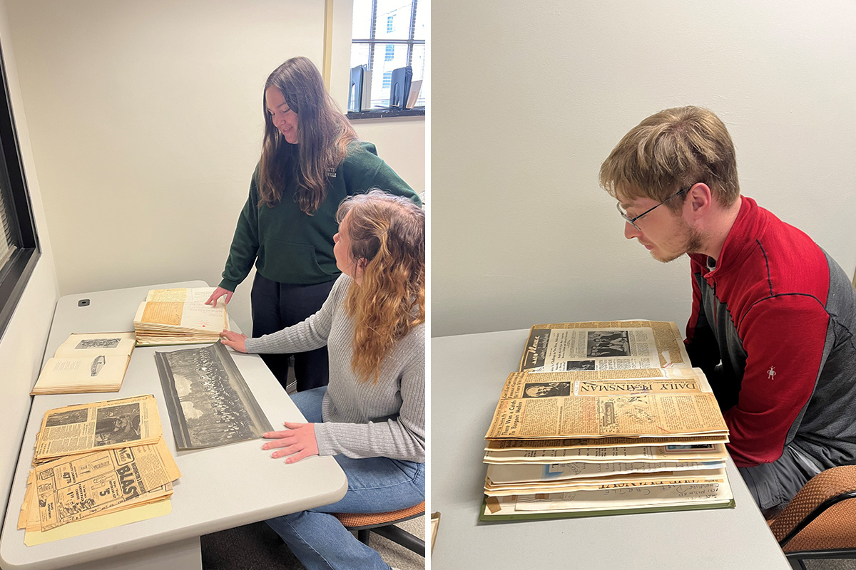 Students using library archives