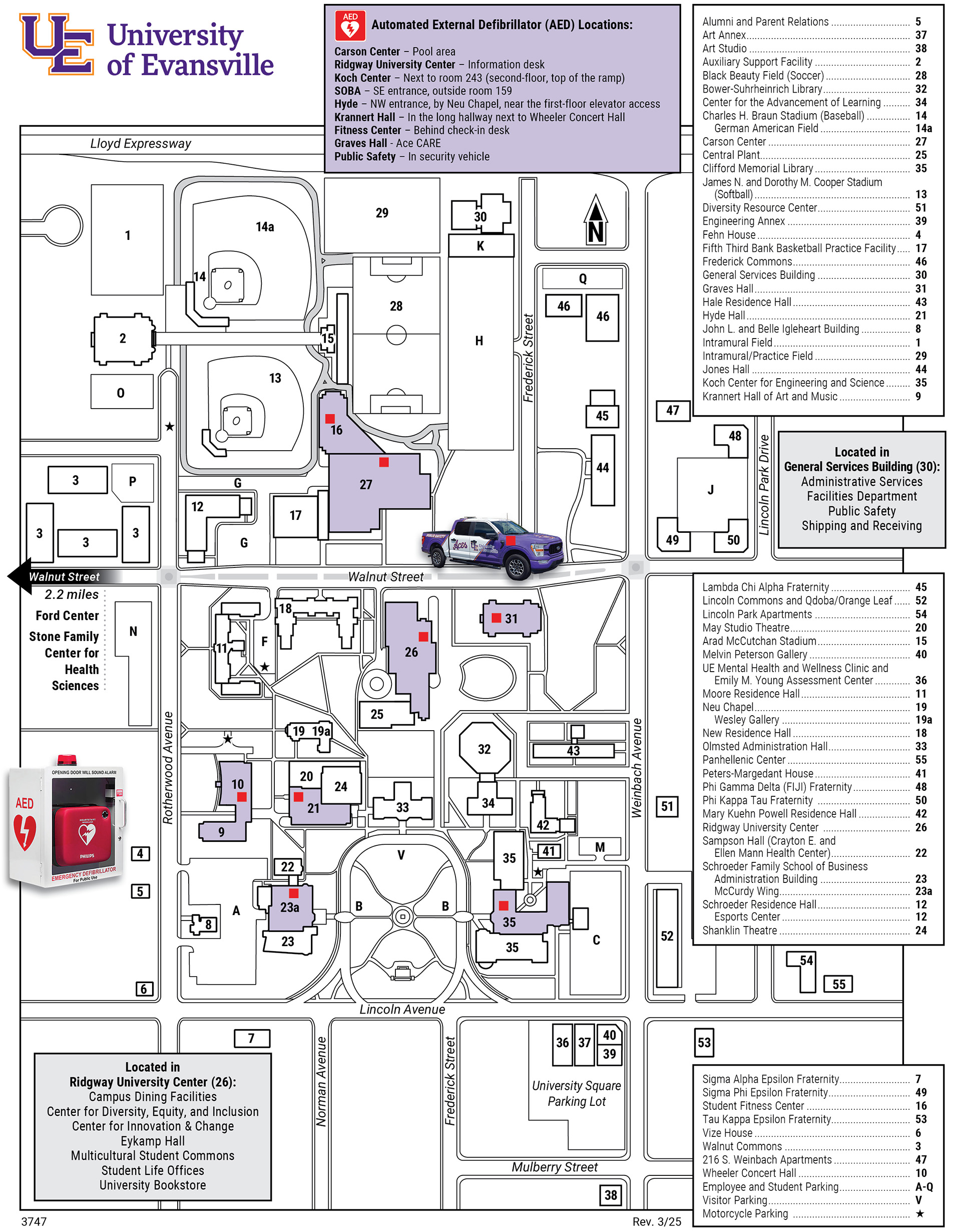 UE Campus Map of AED Locations. Locations are listed above this image in text.